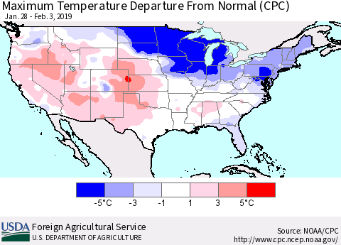 United States Mean Maximum Temperature Departure from Normal (CPC) Thematic Map For 1/28/2019 - 2/3/2019
