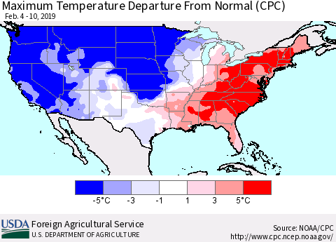 United States Mean Maximum Temperature Departure from Normal (CPC) Thematic Map For 2/4/2019 - 2/10/2019