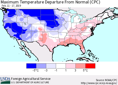United States Mean Maximum Temperature Departure from Normal (CPC) Thematic Map For 2/11/2019 - 2/17/2019