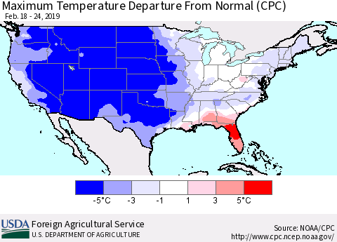 United States Mean Maximum Temperature Departure from Normal (CPC) Thematic Map For 2/18/2019 - 2/24/2019