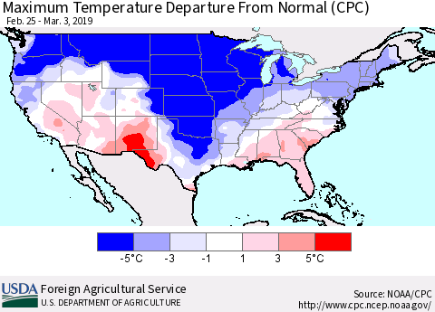 United States Mean Maximum Temperature Departure from Normal (CPC) Thematic Map For 2/25/2019 - 3/3/2019