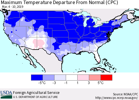United States Mean Maximum Temperature Departure from Normal (CPC) Thematic Map For 3/4/2019 - 3/10/2019