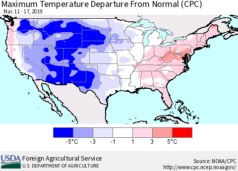 United States Mean Maximum Temperature Departure from Normal (CPC) Thematic Map For 3/11/2019 - 3/17/2019