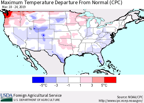 United States Mean Maximum Temperature Departure from Normal (CPC) Thematic Map For 3/18/2019 - 3/24/2019