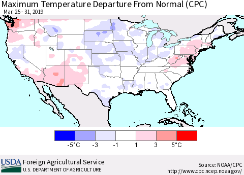 United States Mean Maximum Temperature Departure from Normal (CPC) Thematic Map For 3/25/2019 - 3/31/2019