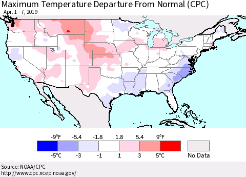 United States Mean Maximum Temperature Departure from Normal (CPC) Thematic Map For 4/1/2019 - 4/7/2019