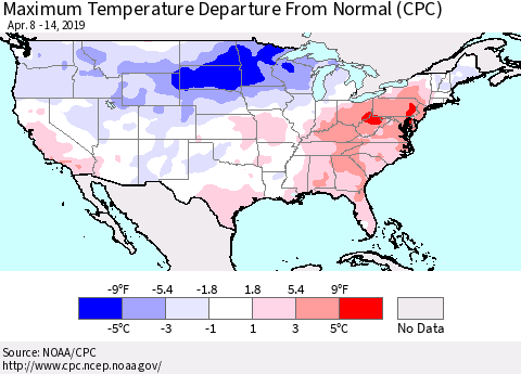United States Mean Maximum Temperature Departure from Normal (CPC) Thematic Map For 4/8/2019 - 4/14/2019