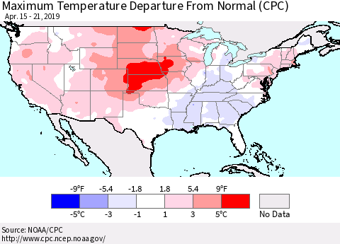 United States Mean Maximum Temperature Departure from Normal (CPC) Thematic Map For 4/15/2019 - 4/21/2019