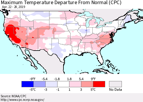United States Mean Maximum Temperature Departure from Normal (CPC) Thematic Map For 4/22/2019 - 4/28/2019