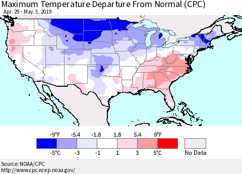 United States Mean Maximum Temperature Departure from Normal (CPC) Thematic Map For 4/29/2019 - 5/5/2019