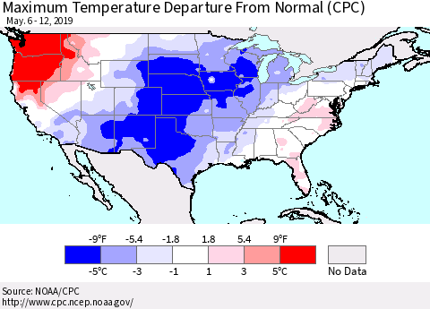 United States Mean Maximum Temperature Departure from Normal (CPC) Thematic Map For 5/6/2019 - 5/12/2019