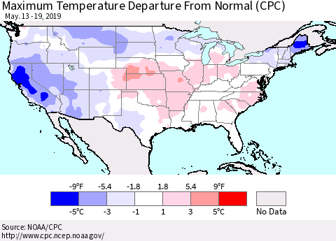 United States Mean Maximum Temperature Departure from Normal (CPC) Thematic Map For 5/13/2019 - 5/19/2019