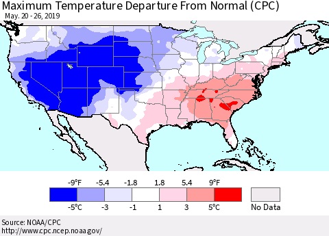 United States Mean Maximum Temperature Departure from Normal (CPC) Thematic Map For 5/20/2019 - 5/26/2019