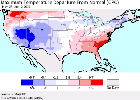 United States Mean Maximum Temperature Departure from Normal (CPC) Thematic Map For 5/27/2019 - 6/2/2019