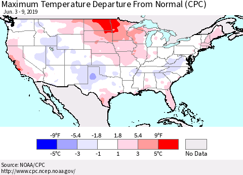 United States Mean Maximum Temperature Departure from Normal (CPC) Thematic Map For 6/3/2019 - 6/9/2019