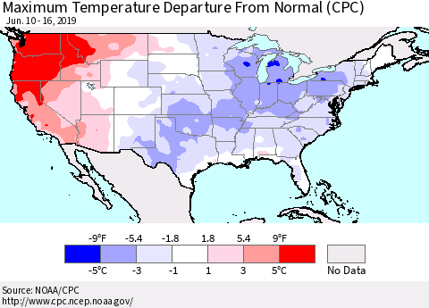 United States Mean Maximum Temperature Departure from Normal (CPC) Thematic Map For 6/10/2019 - 6/16/2019