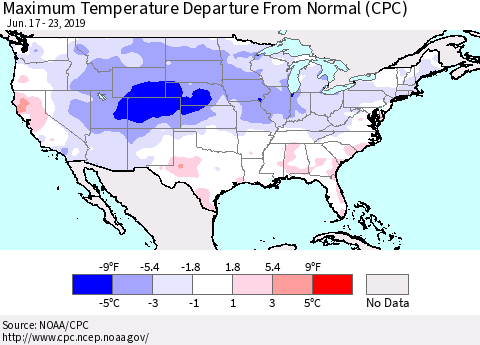 United States Mean Maximum Temperature Departure from Normal (CPC) Thematic Map For 6/17/2019 - 6/23/2019