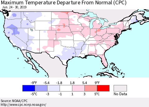 United States Mean Maximum Temperature Departure from Normal (CPC) Thematic Map For 6/24/2019 - 6/30/2019