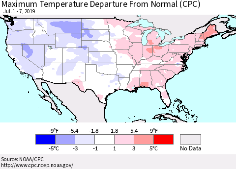 United States Mean Maximum Temperature Departure from Normal (CPC) Thematic Map For 7/1/2019 - 7/7/2019
