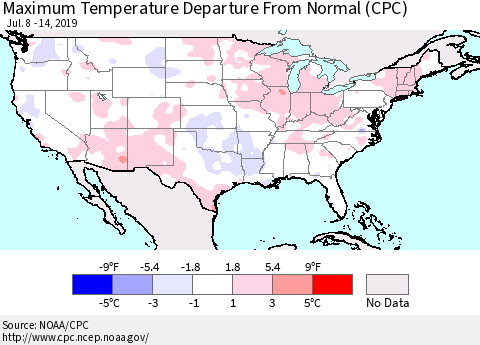 United States Mean Maximum Temperature Departure from Normal (CPC) Thematic Map For 7/8/2019 - 7/14/2019