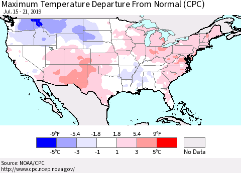 United States Mean Maximum Temperature Departure from Normal (CPC) Thematic Map For 7/15/2019 - 7/21/2019