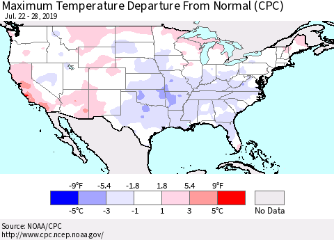 United States Mean Maximum Temperature Departure from Normal (CPC) Thematic Map For 7/22/2019 - 7/28/2019