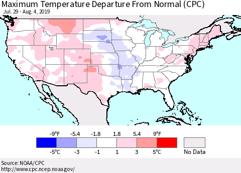 United States Mean Maximum Temperature Departure from Normal (CPC) Thematic Map For 7/29/2019 - 8/4/2019