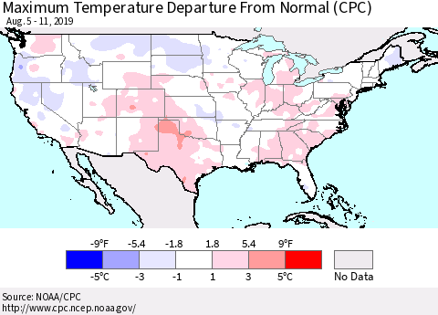 United States Mean Maximum Temperature Departure from Normal (CPC) Thematic Map For 8/5/2019 - 8/11/2019