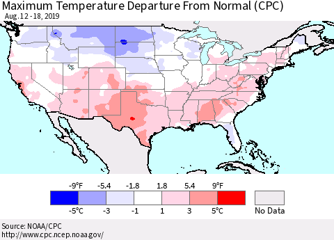 United States Mean Maximum Temperature Departure from Normal (CPC) Thematic Map For 8/12/2019 - 8/18/2019