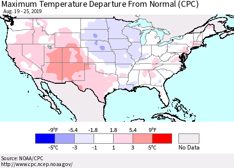 United States Mean Maximum Temperature Departure from Normal (CPC) Thematic Map For 8/19/2019 - 8/25/2019
