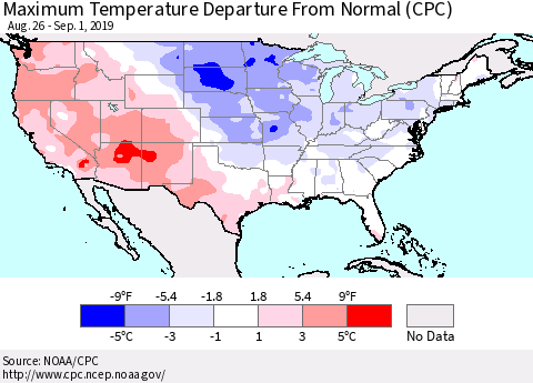 United States Mean Maximum Temperature Departure from Normal (CPC) Thematic Map For 8/26/2019 - 9/1/2019