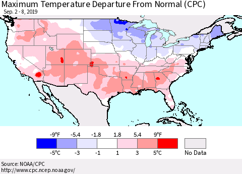 United States Maximum Temperature Departure From Normal (CPC) Thematic Map For 9/2/2019 - 9/8/2019