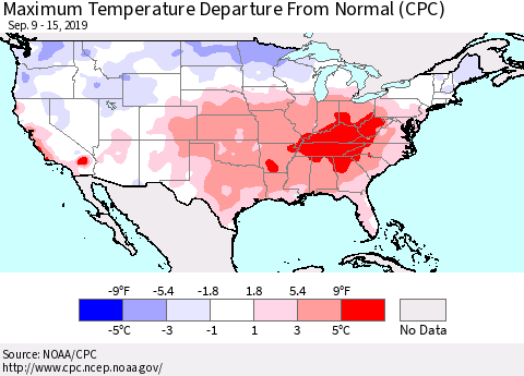 United States Mean Maximum Temperature Departure from Normal (CPC) Thematic Map For 9/9/2019 - 9/15/2019