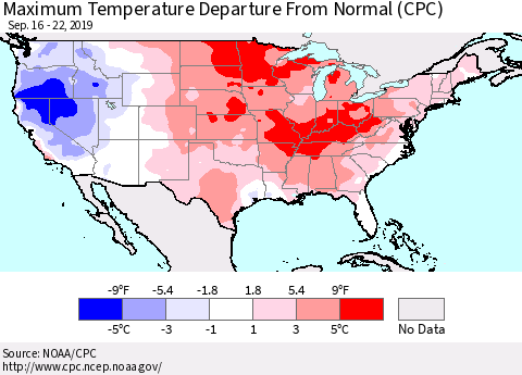 United States Mean Maximum Temperature Departure from Normal (CPC) Thematic Map For 9/16/2019 - 9/22/2019
