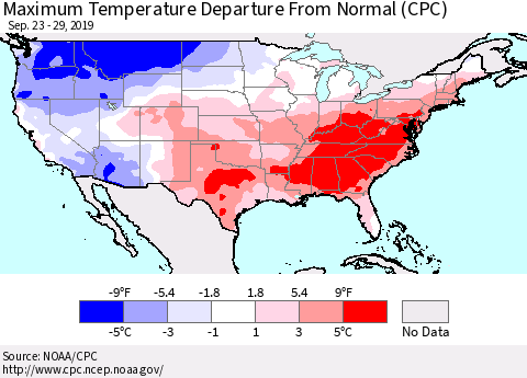 United States Mean Maximum Temperature Departure from Normal (CPC) Thematic Map For 9/23/2019 - 9/29/2019