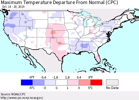 United States Mean Maximum Temperature Departure from Normal (CPC) Thematic Map For 10/14/2019 - 10/20/2019