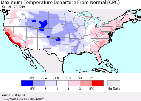 United States Mean Maximum Temperature Departure from Normal (CPC) Thematic Map For 10/21/2019 - 10/27/2019