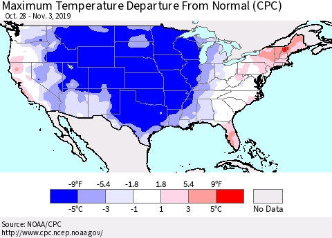 United States Mean Maximum Temperature Departure from Normal (CPC) Thematic Map For 10/28/2019 - 11/3/2019