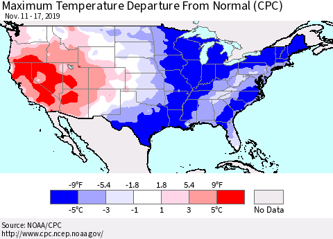 United States Mean Maximum Temperature Departure from Normal (CPC) Thematic Map For 11/11/2019 - 11/17/2019
