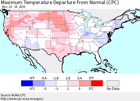 United States Mean Maximum Temperature Departure from Normal (CPC) Thematic Map For 11/18/2019 - 11/24/2019