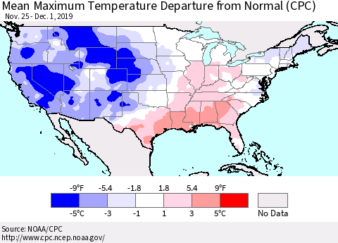 United States Mean Maximum Temperature Departure from Normal (CPC) Thematic Map For 11/25/2019 - 12/1/2019