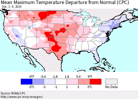 United States Mean Maximum Temperature Departure from Normal (CPC) Thematic Map For 12/2/2019 - 12/8/2019