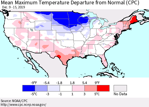 United States Mean Maximum Temperature Departure from Normal (CPC) Thematic Map For 12/9/2019 - 12/15/2019