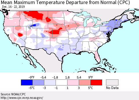 United States Mean Maximum Temperature Departure from Normal (CPC) Thematic Map For 12/16/2019 - 12/22/2019