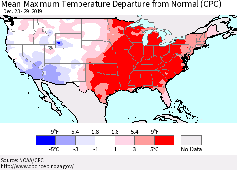 United States Maximum Temperature Departure From Normal (CPC) Thematic Map For 12/23/2019 - 12/29/2019