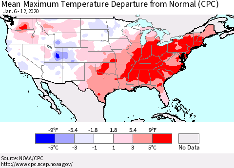 United States Maximum Temperature Departure From Normal (CPC) Thematic Map For 1/6/2020 - 1/12/2020