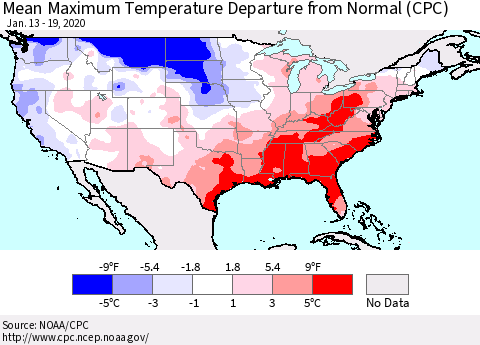 United States Mean Maximum Temperature Departure from Normal (CPC) Thematic Map For 1/13/2020 - 1/19/2020