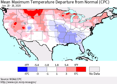United States Mean Maximum Temperature Departure from Normal (CPC) Thematic Map For 1/20/2020 - 1/26/2020