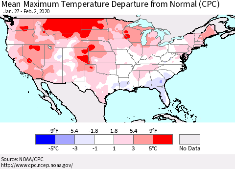 United States Mean Maximum Temperature Departure from Normal (CPC) Thematic Map For 1/27/2020 - 2/2/2020