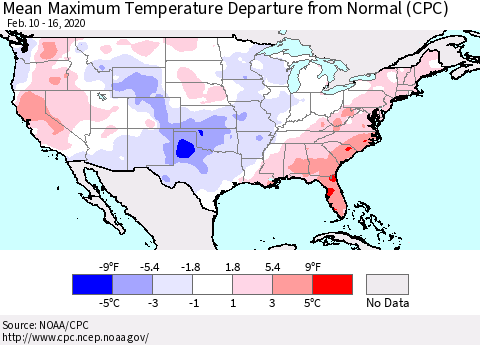 United States Maximum Temperature Departure From Normal (CPC) Thematic Map For 2/10/2020 - 2/16/2020